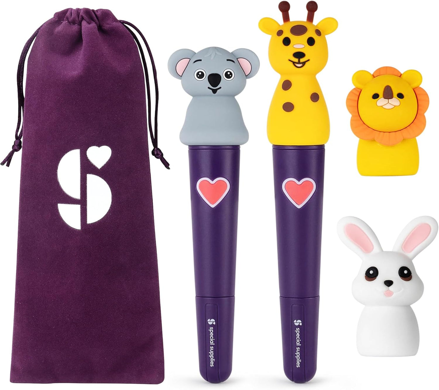 Oral motor stimulation kit with two purple handles, four animal heads, and purple drawstring pouch