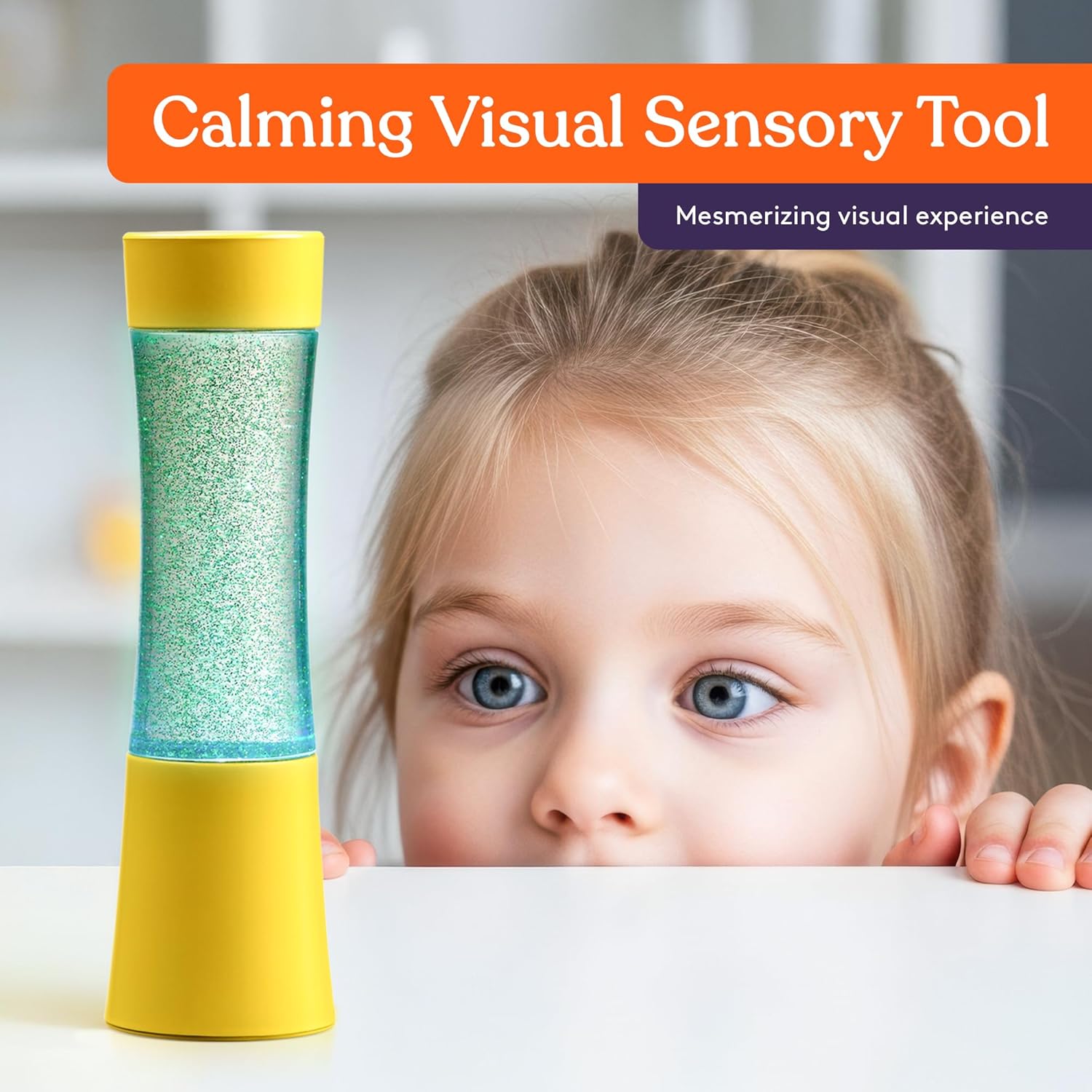 Yellow and teal glitter sensory tube with sparkling granules inside