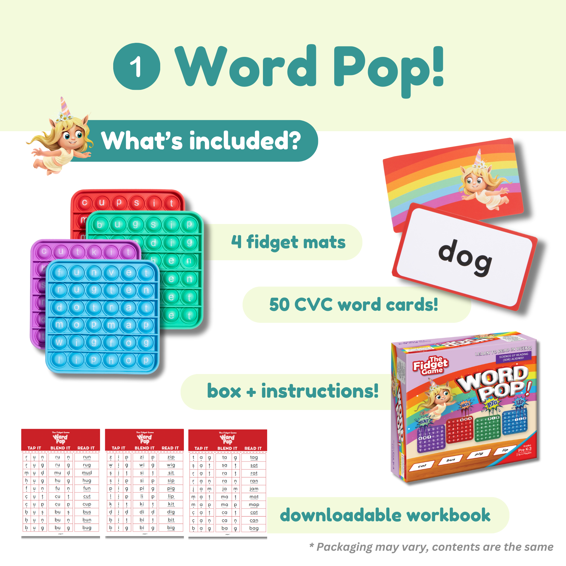 Fidget Word Pop activity set with 4 fidget mats, CV CVC word cards, and instructions