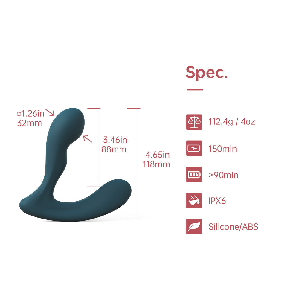 Teal silicone prostate massager shown with size outline and dimensions.