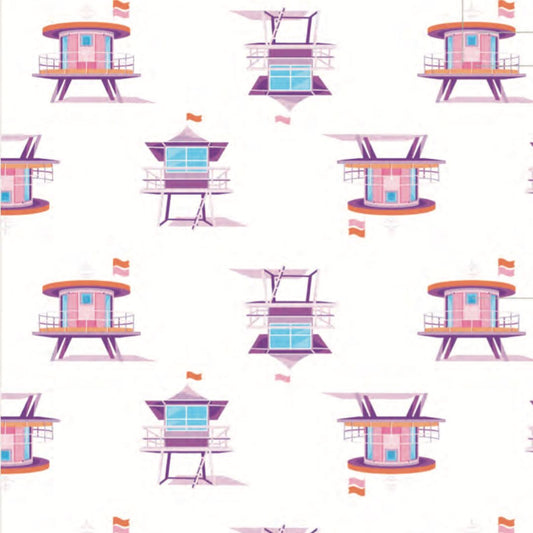 Beach chair print fabric, white background with pink, purple, teal chairs