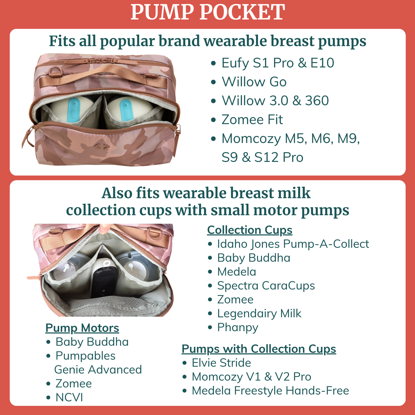Pink camouflage breast pump cooler bag with compartments for pump inserts, shown open.