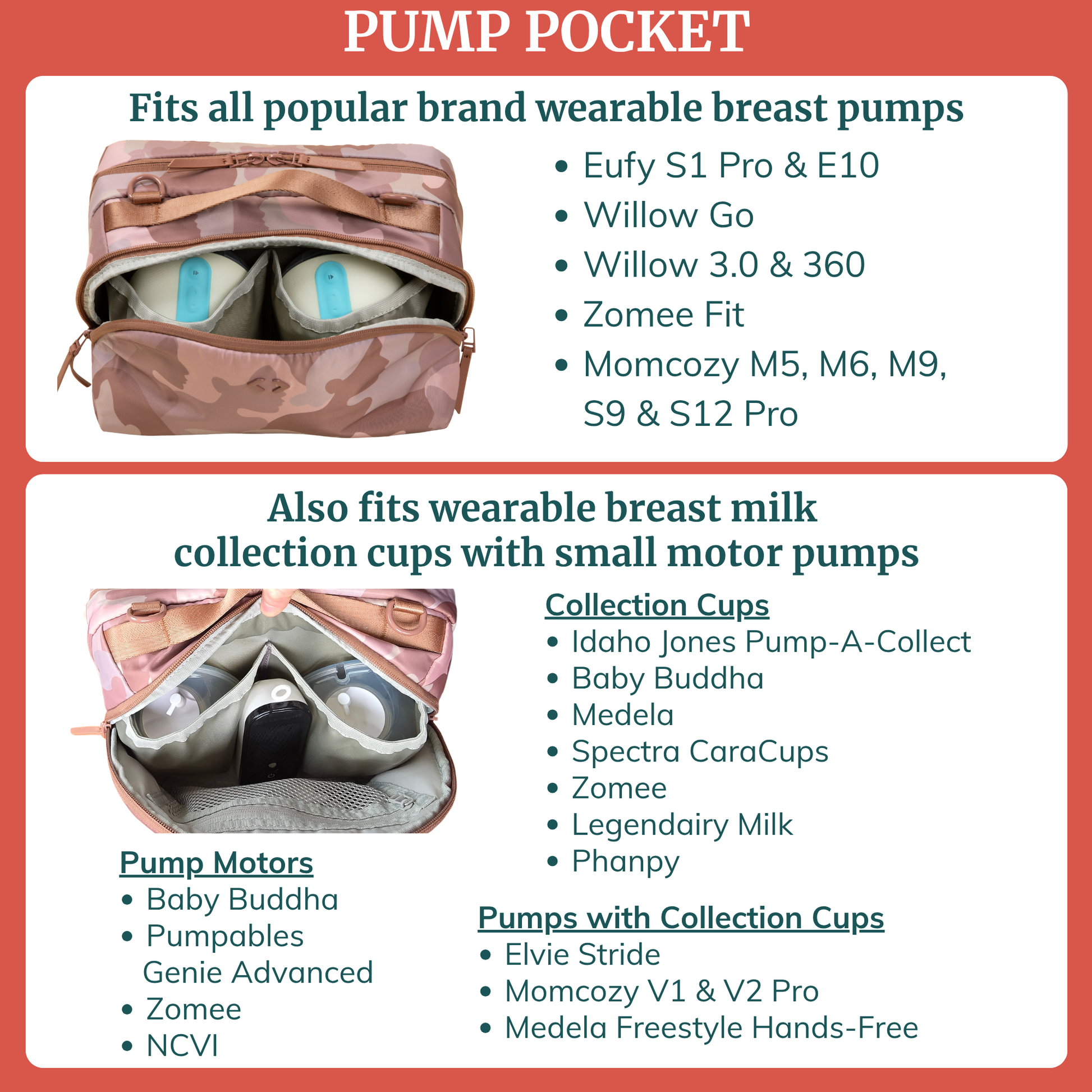 Pink camouflage breast pump cooler bag with compartments for pump inserts, shown open.