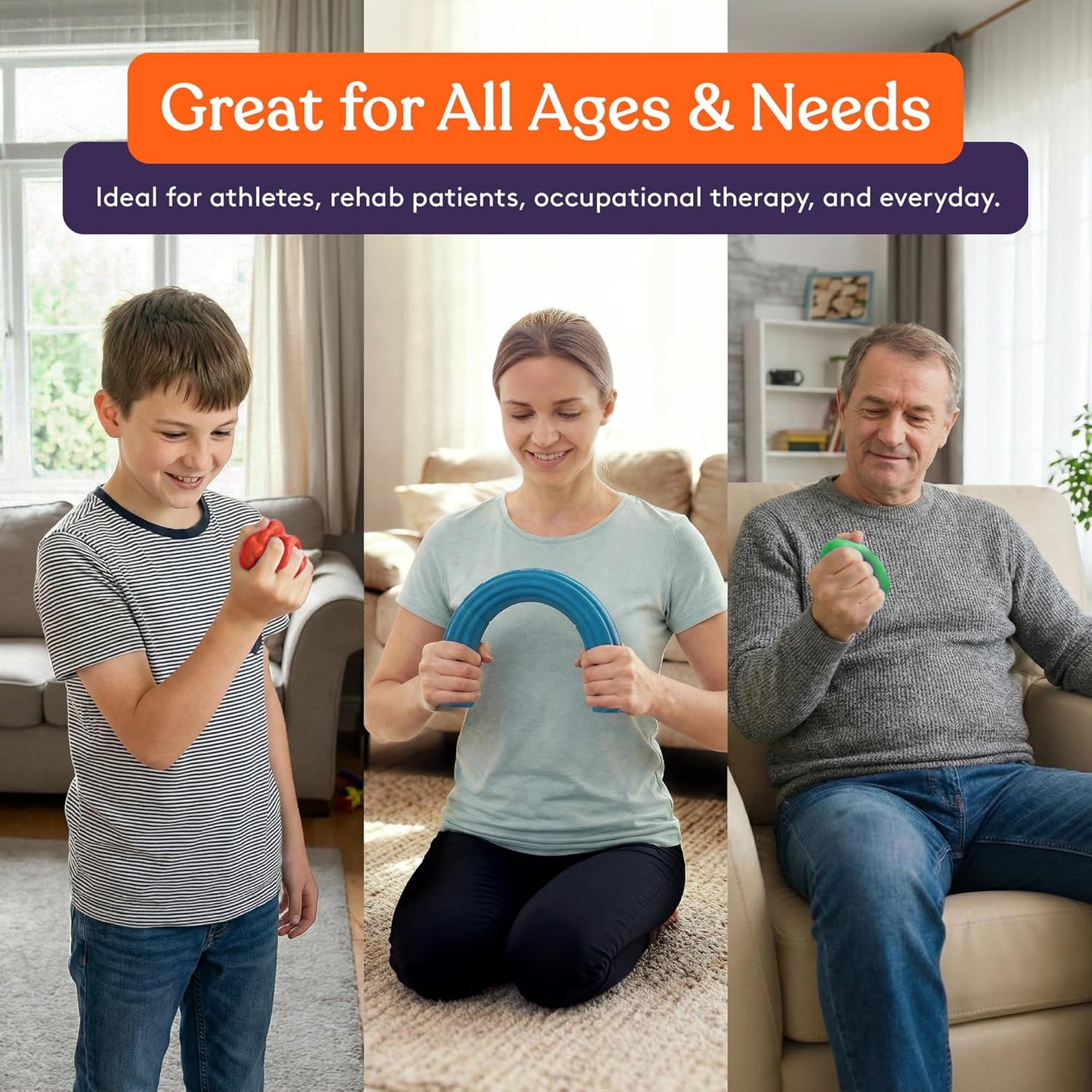 Hand therapy flex bar and putty held by family; blue flex ring and silicone putty