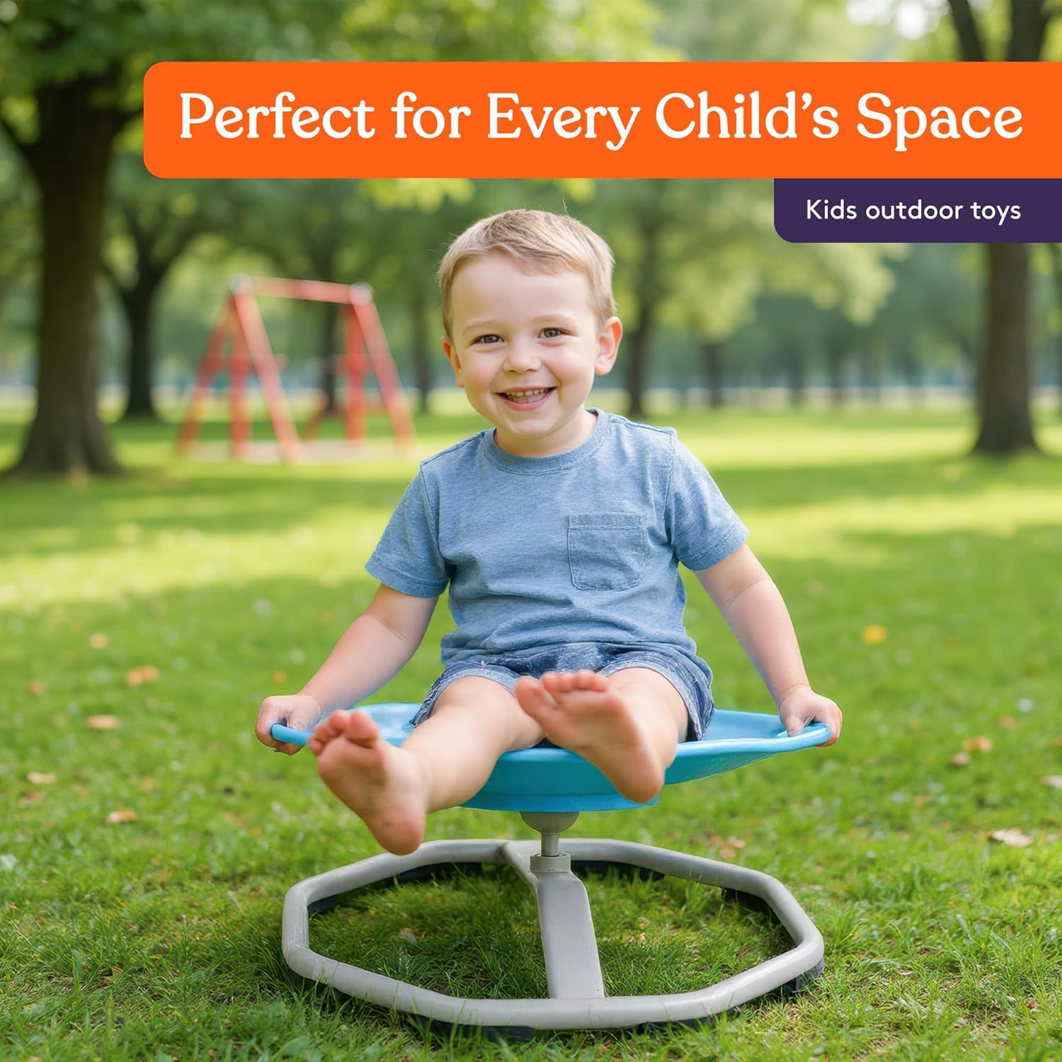 Blue kids sensory spin chair with gray base, child seated on the textured seat.