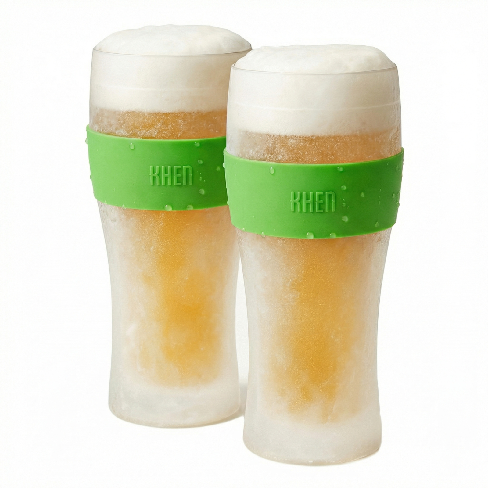 Set of 2 tall acrylic beer glasses with clear sides, frosted foam, and green cooling band (KHEN)