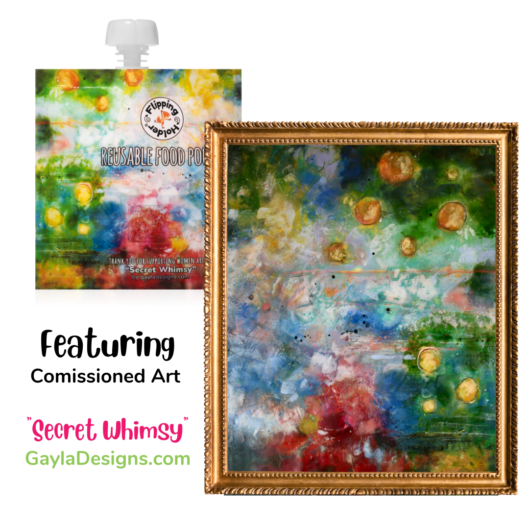 Reusable food pouch with white cap, colorful watercolor design