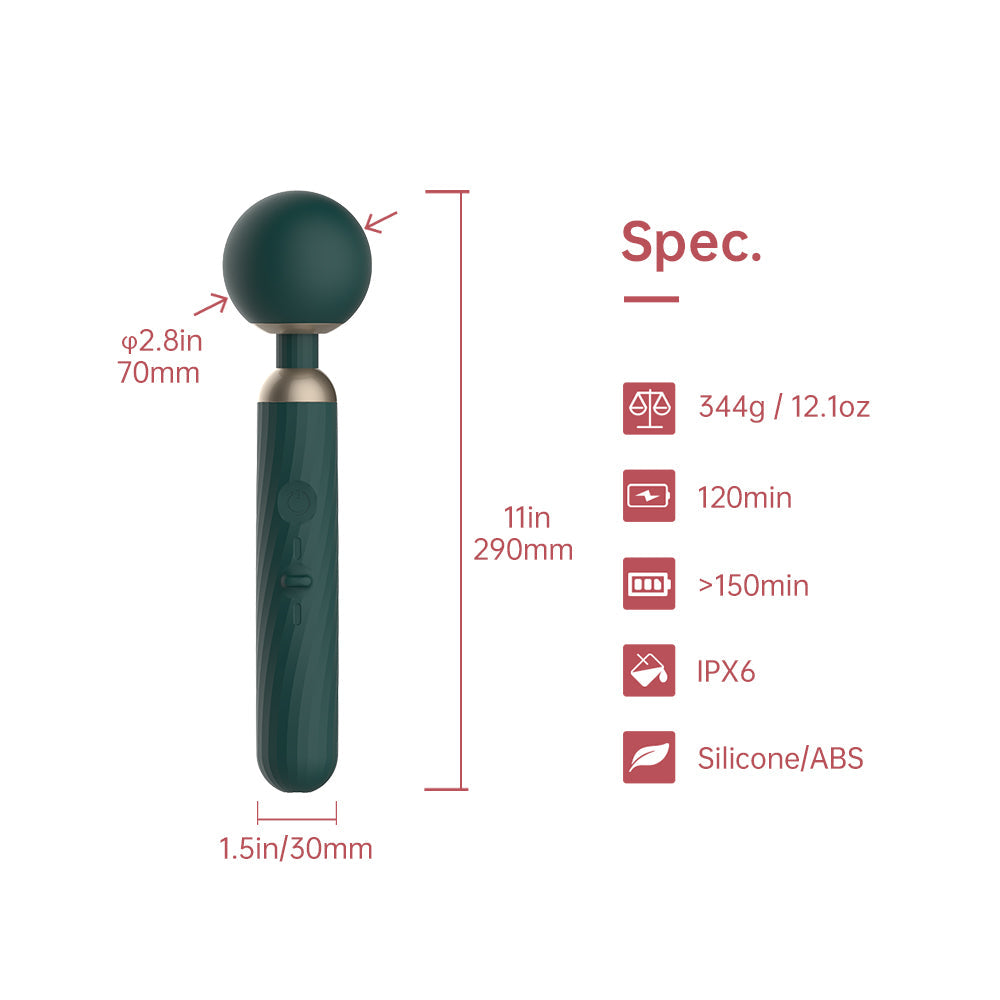 App-controlled massage wand size diagram, dark teal body with round head