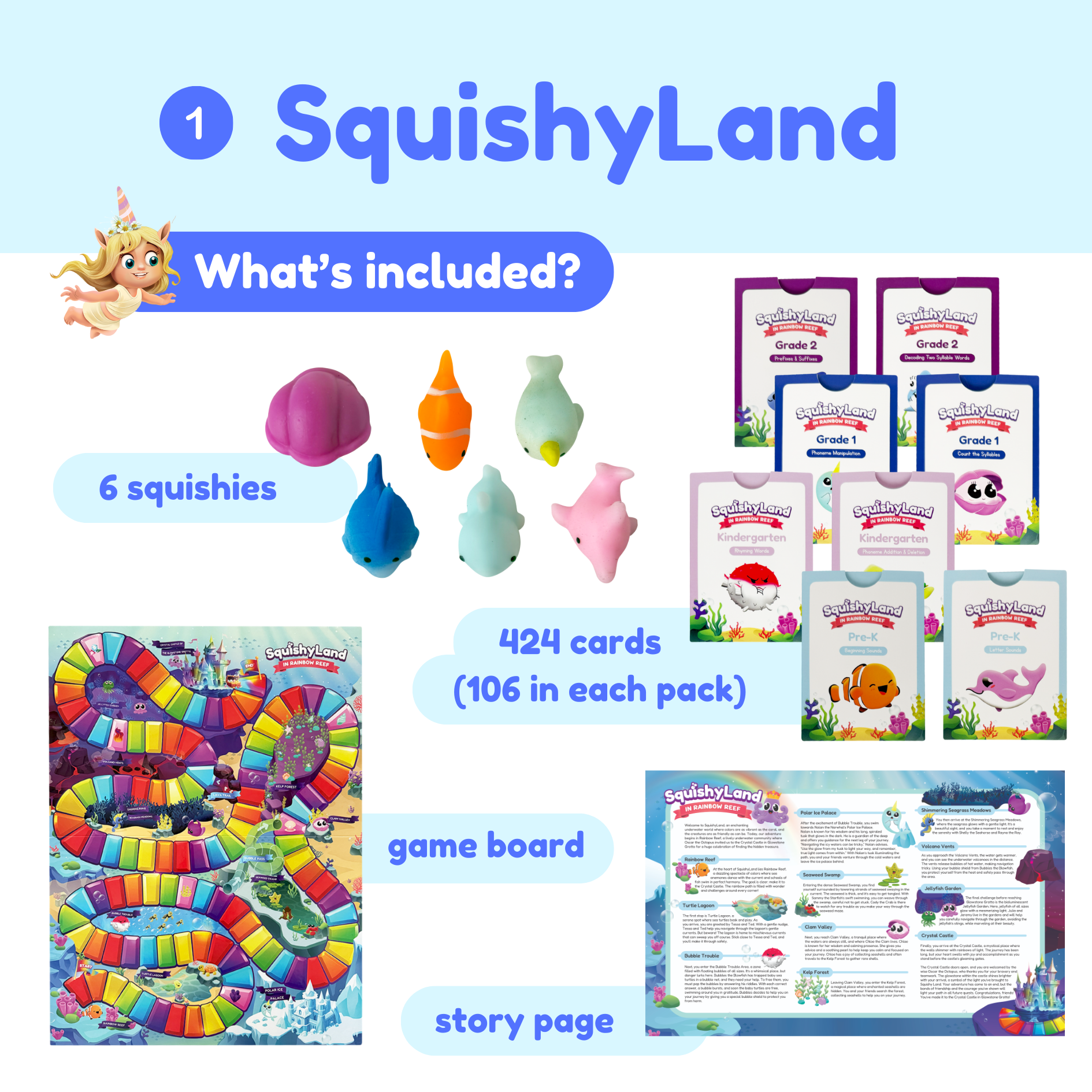 SquishyLand learning set with six colorful squishies, cards, and game board