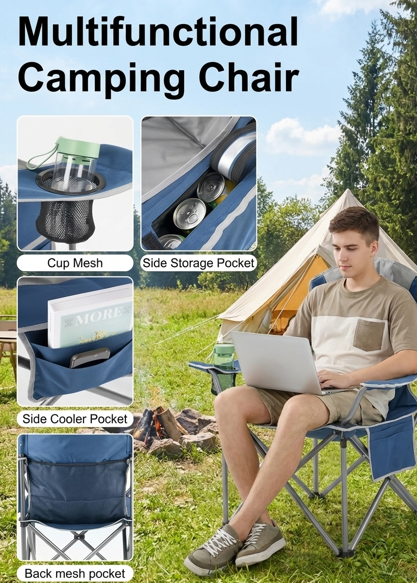 Lake blue folding camping chair with cup mesh, side storage pocket, and cooler pocket.