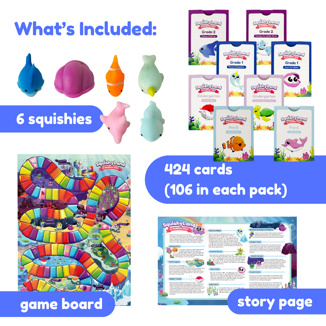 SquishyLand game set with 6 squishy pieces, 424 cards, game board, story page