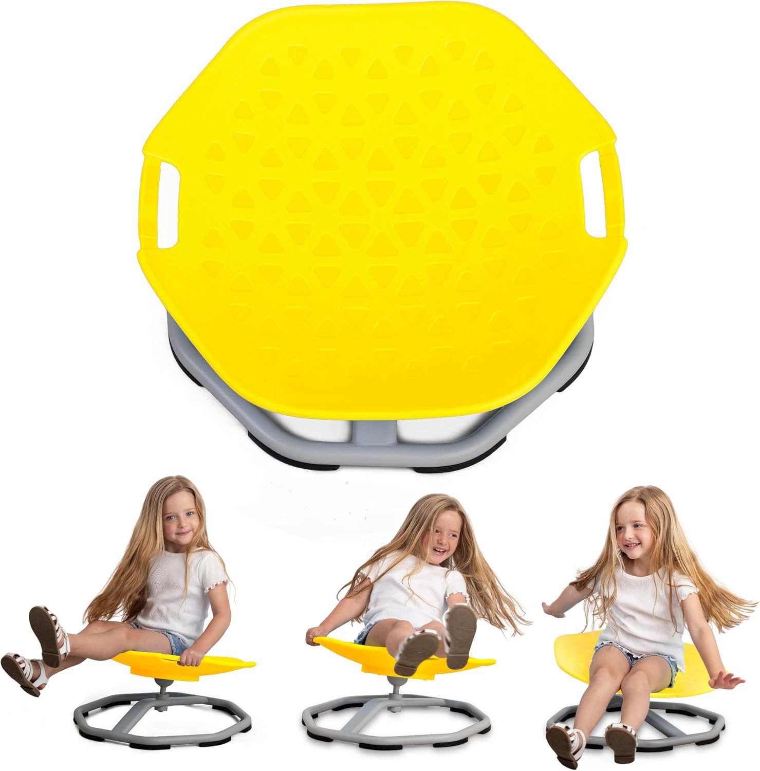 Yellow kids sensory spin chair with textured seat and gray rotating base.