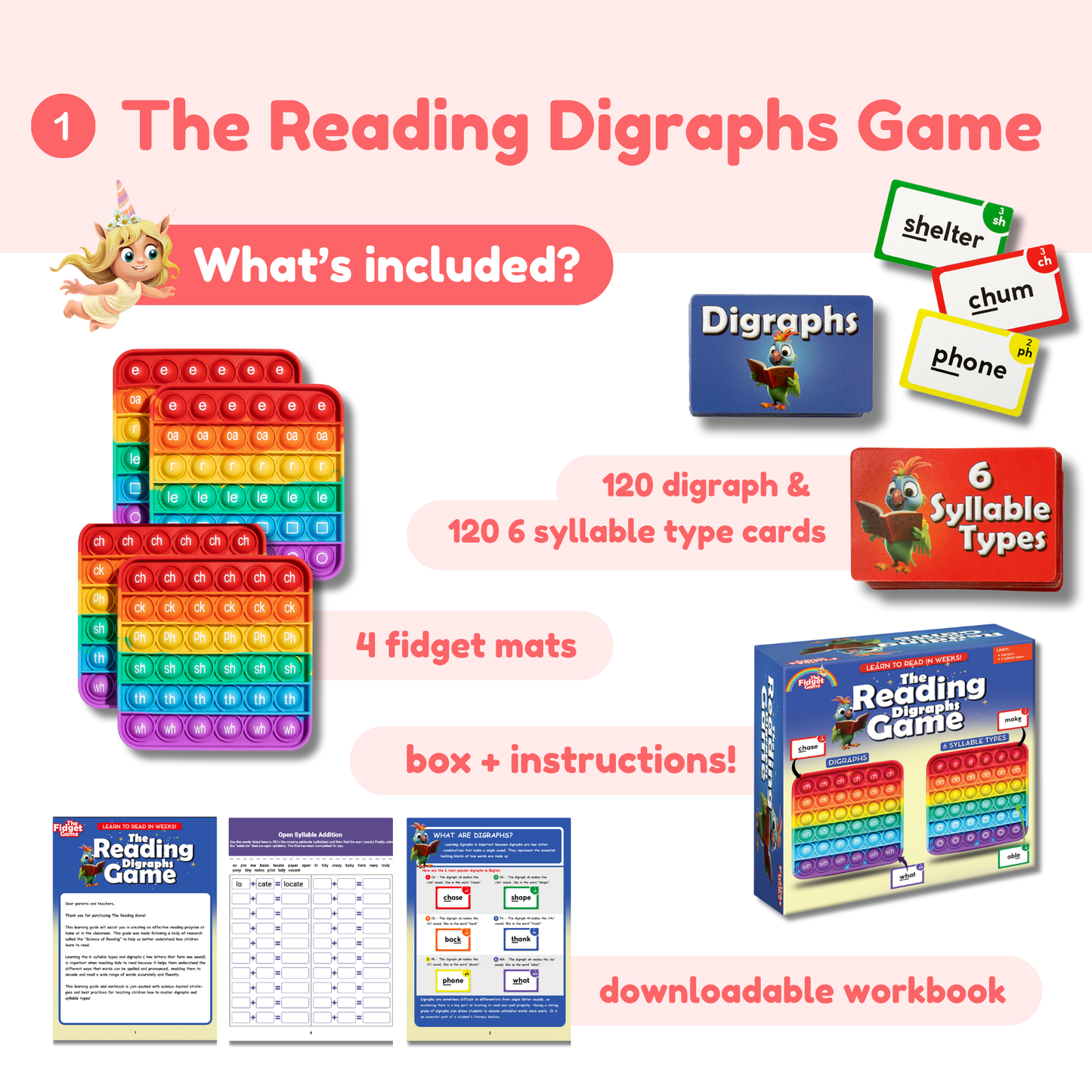 Pop-it style learning mats, word cards, and instruction booklets in a game box