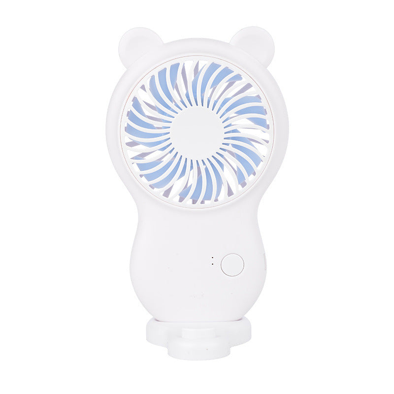 White handheld pocket mini fan with round grille, bear ears, and side control button