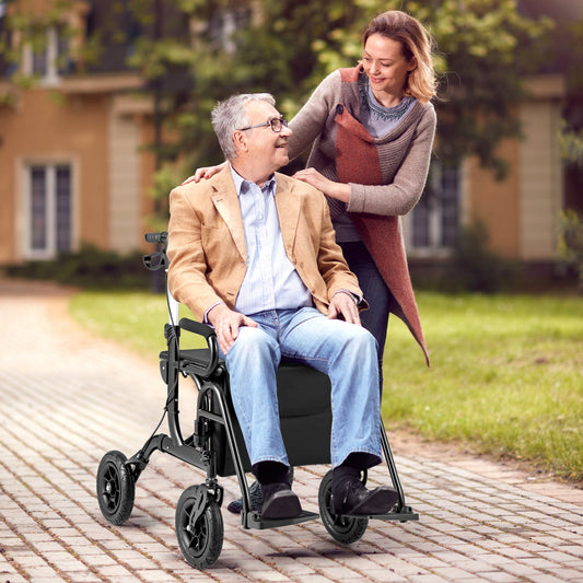 2-in-1 Foldable Rollator Walker with Seat and 9 Inch Pneumatic Tires for Seniors-Black