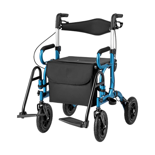 Blue and black walker with a bag on a white background