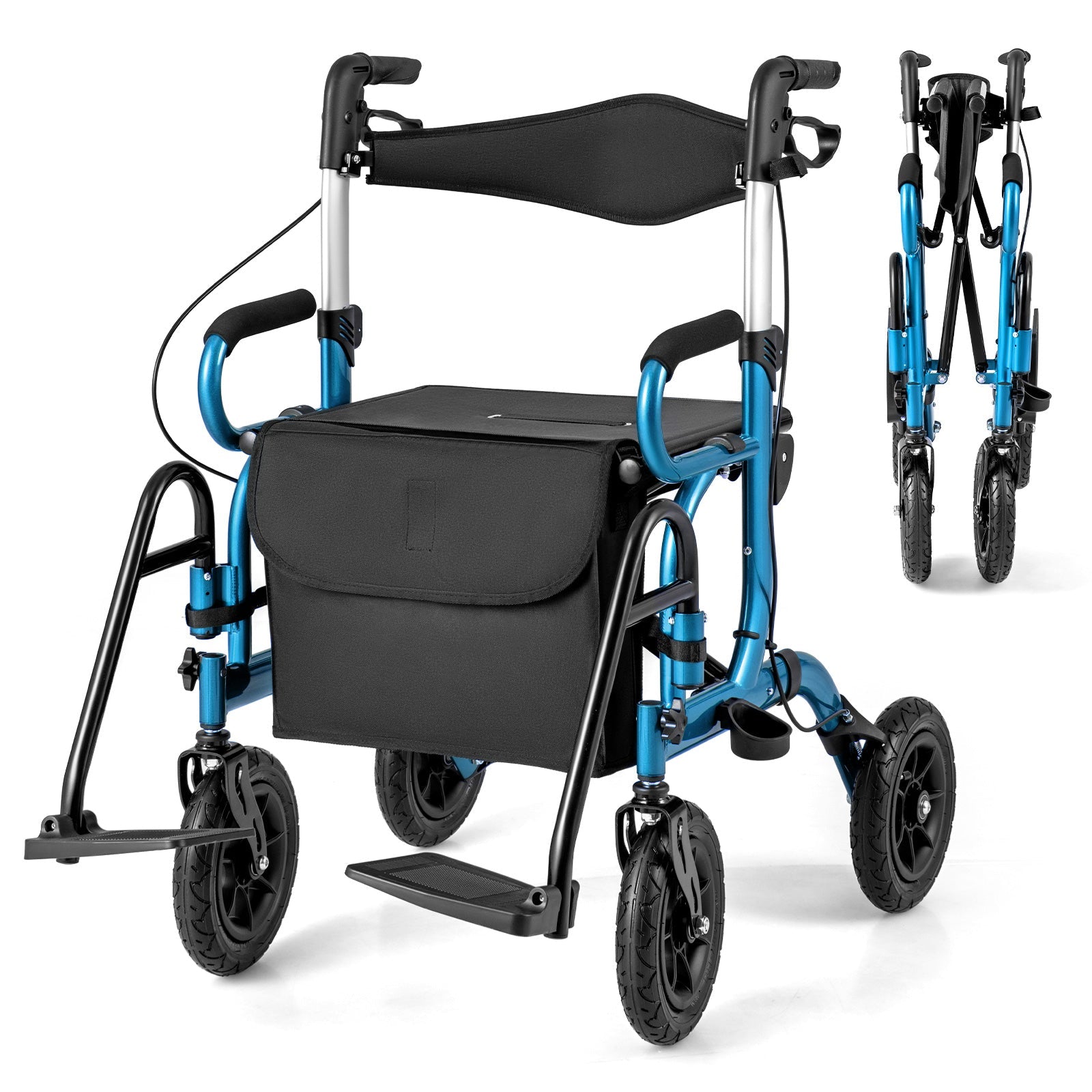 Blue and black rollator with a bag on a white background