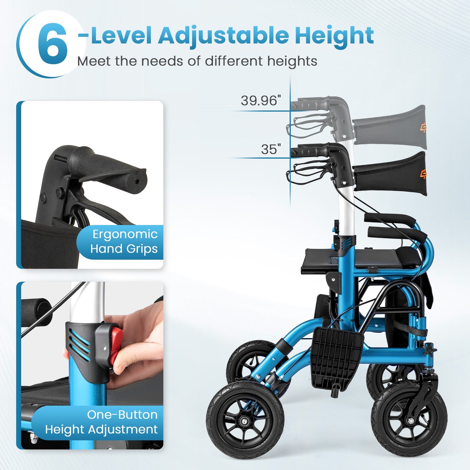 Blue rollator with adjustable height feature on a light blue background
