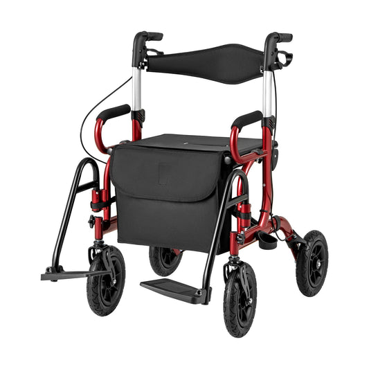 Red and black walker with a bag on a white background