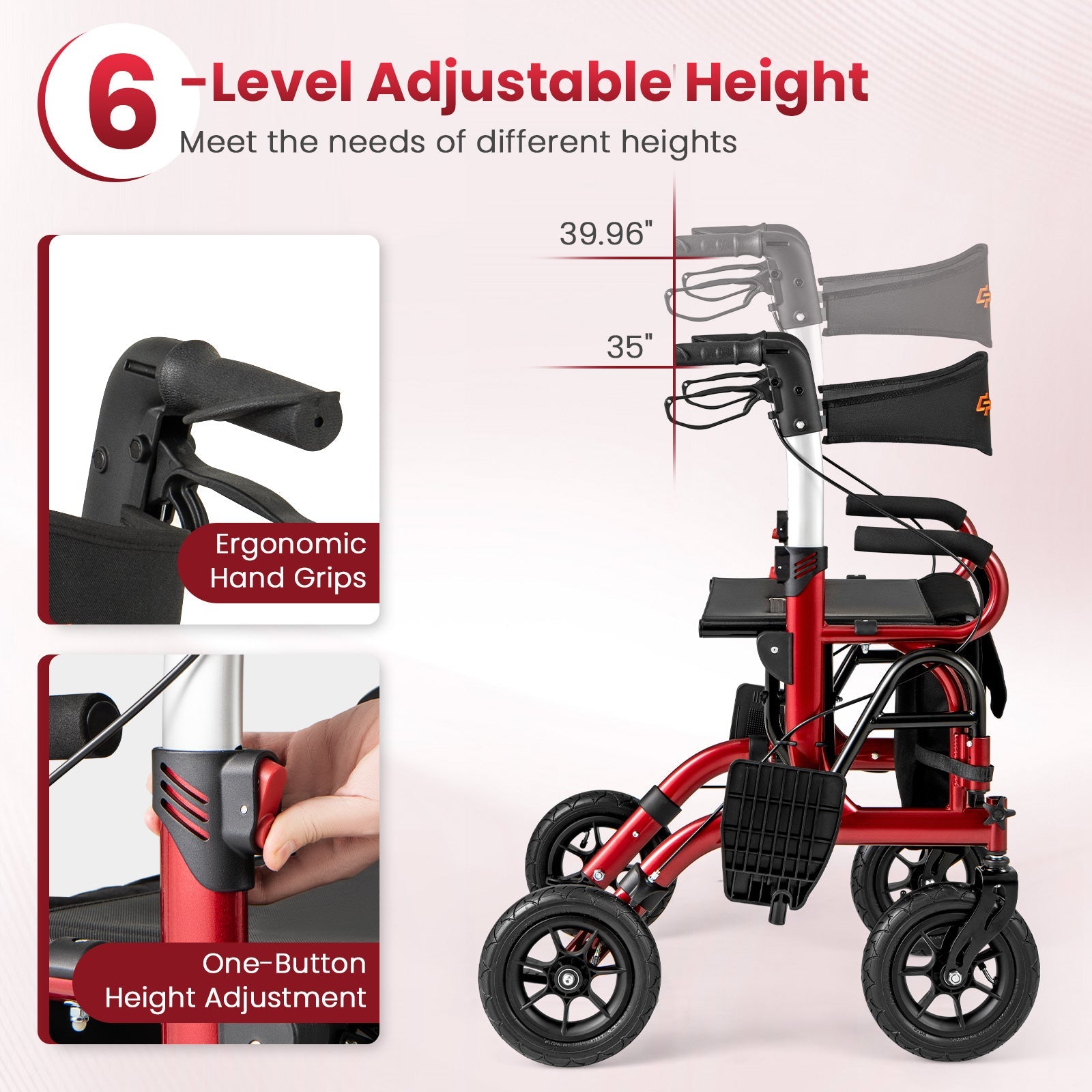 Red and black walker with adjustable height features on a white background