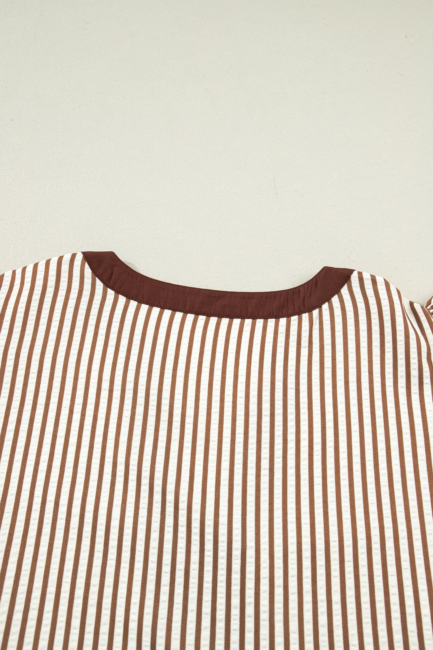 Brown-and-cream striped plus maxi dress with crew neckline and flutter sleeves
