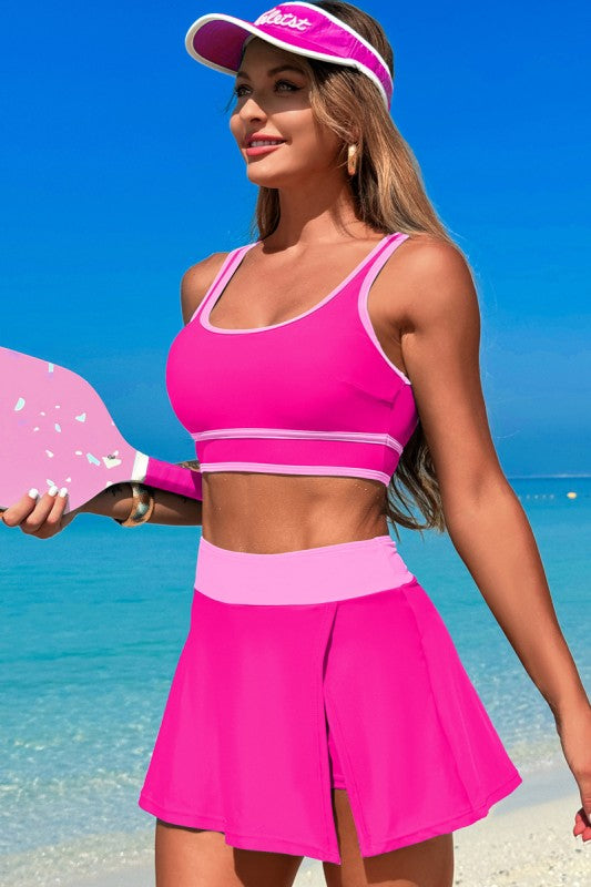 Two-piece high-waisted skirt swimsuit, fuchsia skirt and crop top with contrast trim