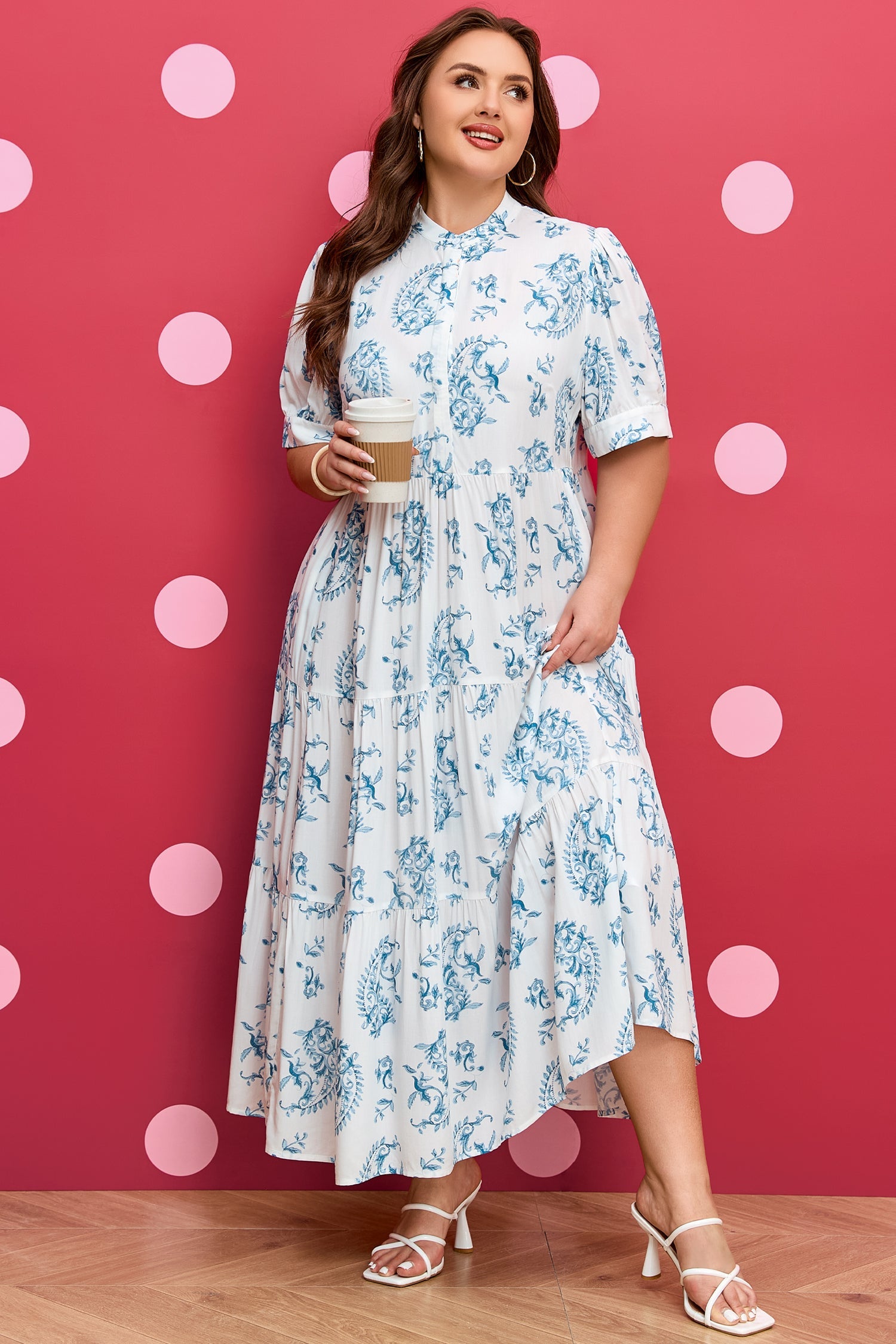 Sky-blue floral short-sleeve maxi dress with high neckline and tiered ruffle hem