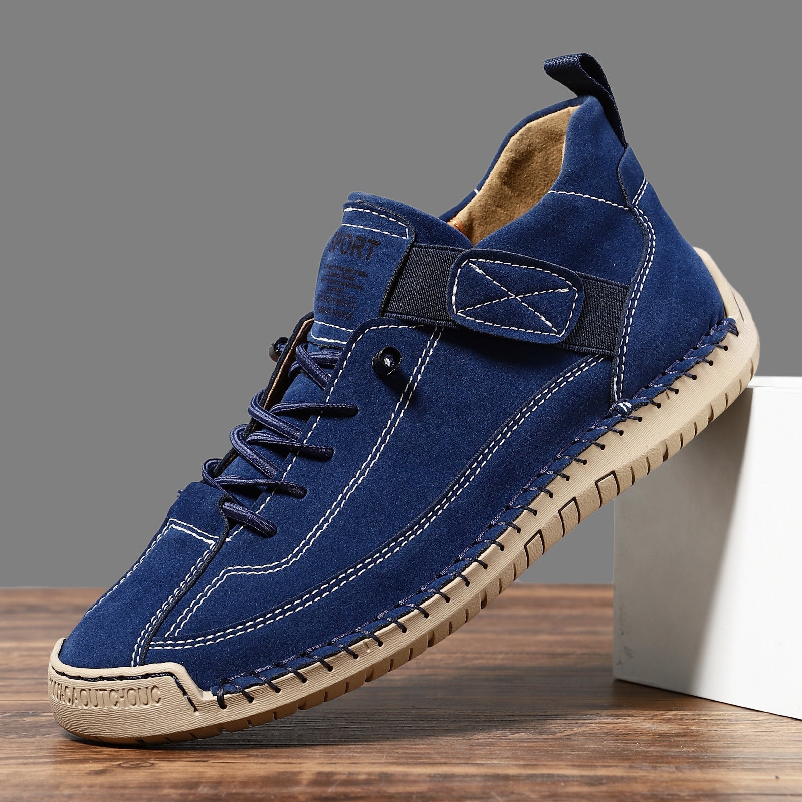 Blue casual leather lace-up boots with side strap and cushioned collar