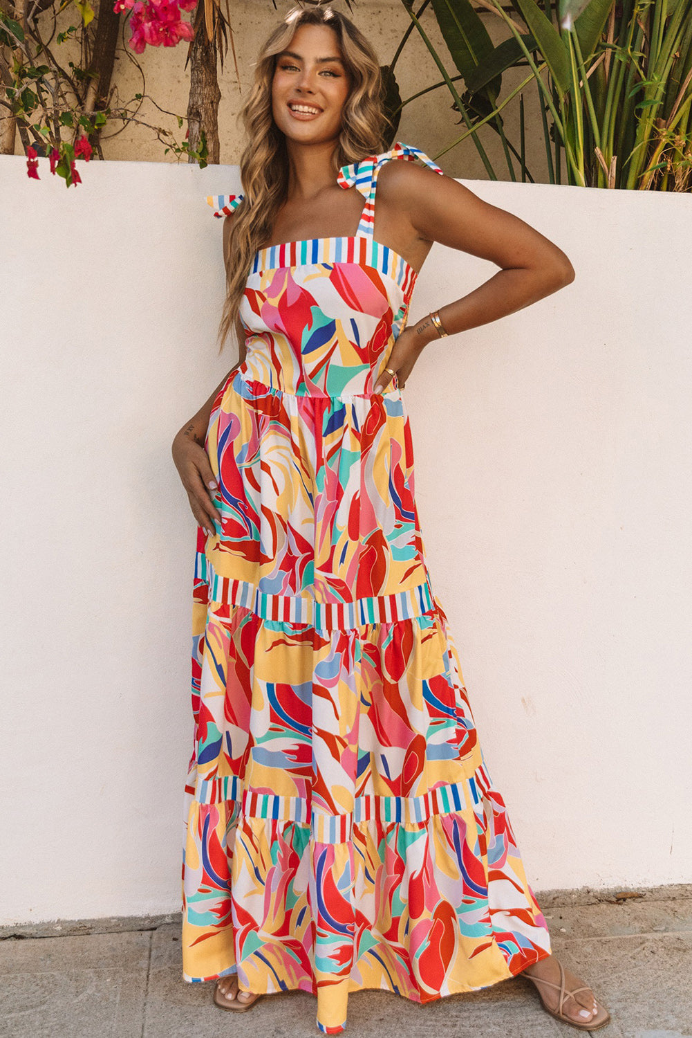 Multicolor tiered maxi sundress with striped neckline trim and bow-tie shoulder straps
