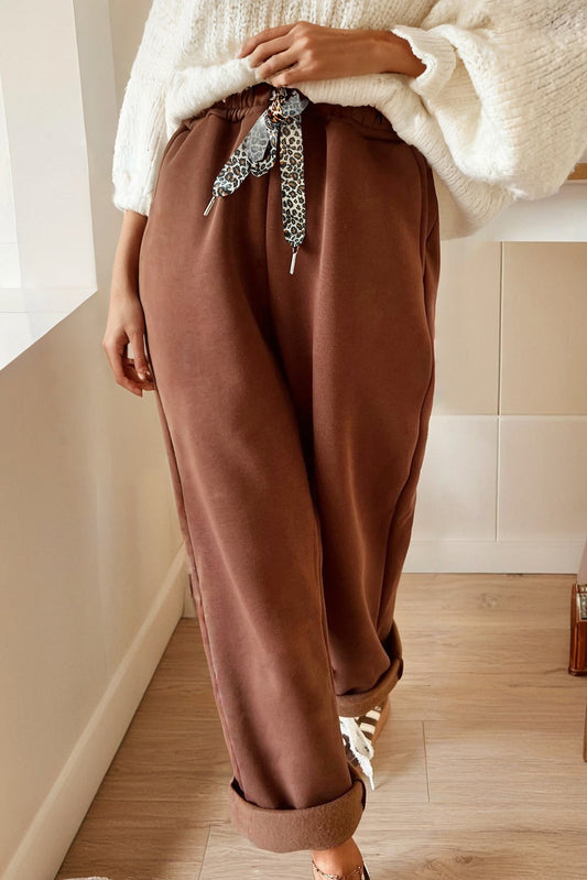 Coffee-brown elastic waist pants with drawstring, relaxed straight legs