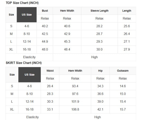IN size chart for top and skirt set: S–XL bust, sleeve, waist, hem width