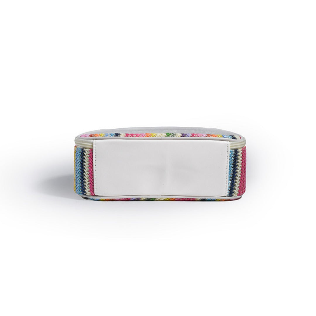 Rainbow striped clear toiletry pouch with white panel and stitched edge trim
