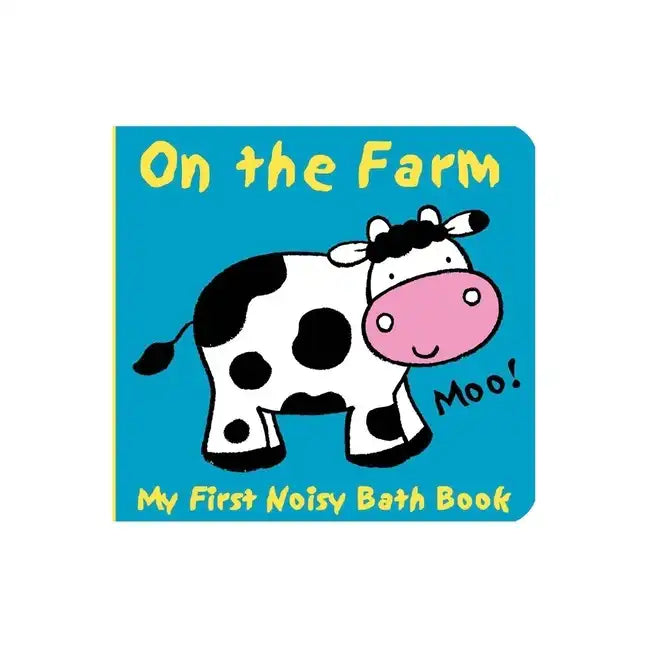 Noisy bath book cover, blue with cow illustration and 'Moo!' text