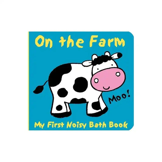 Noisy bath book cover, blue with cow illustration and 'Moo!' text
