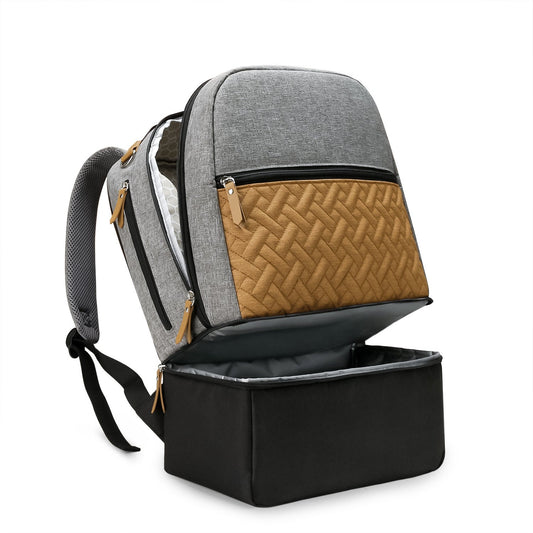 Gray insulated travel mummy bag with black bottom and tan quilted front pocket