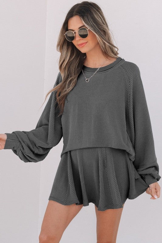 Dark grey corded top and ruffle mini skirt set, round neck, long sleeves