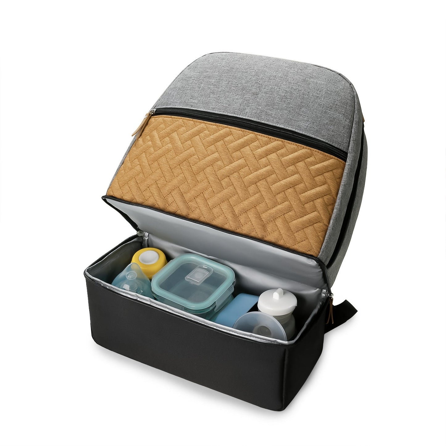 Gray insulated travel mummy bag with tan quilted front panel, open compartments inside