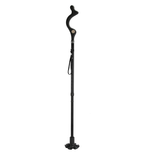 Black collapsible walking cane with curved ergonomic handle and rubber support tip