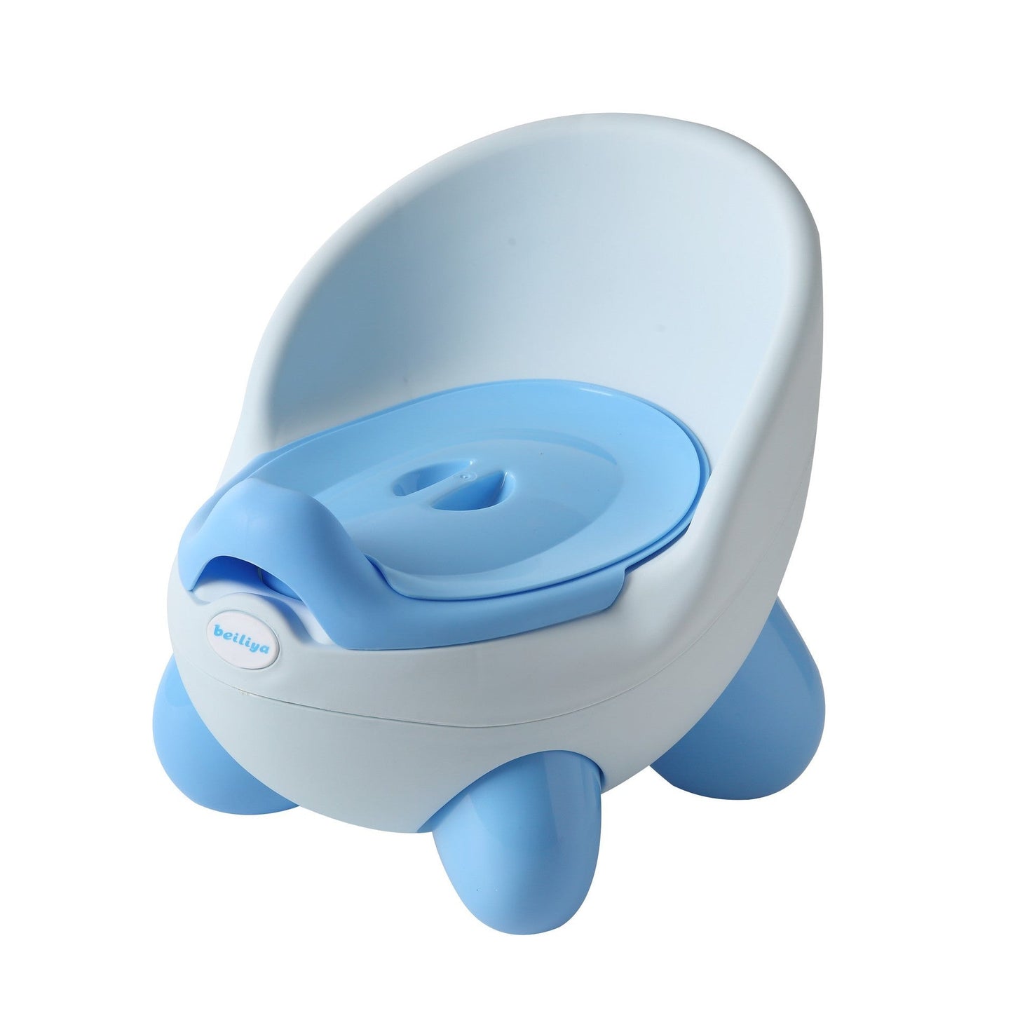 Kids cartoon potty stool in white and light blue with blue seat insert and front legs