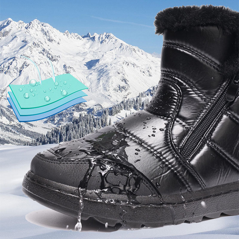 Winter snow boots, black faux-leather with faux-fur cuff and side zipper, textured thick sole