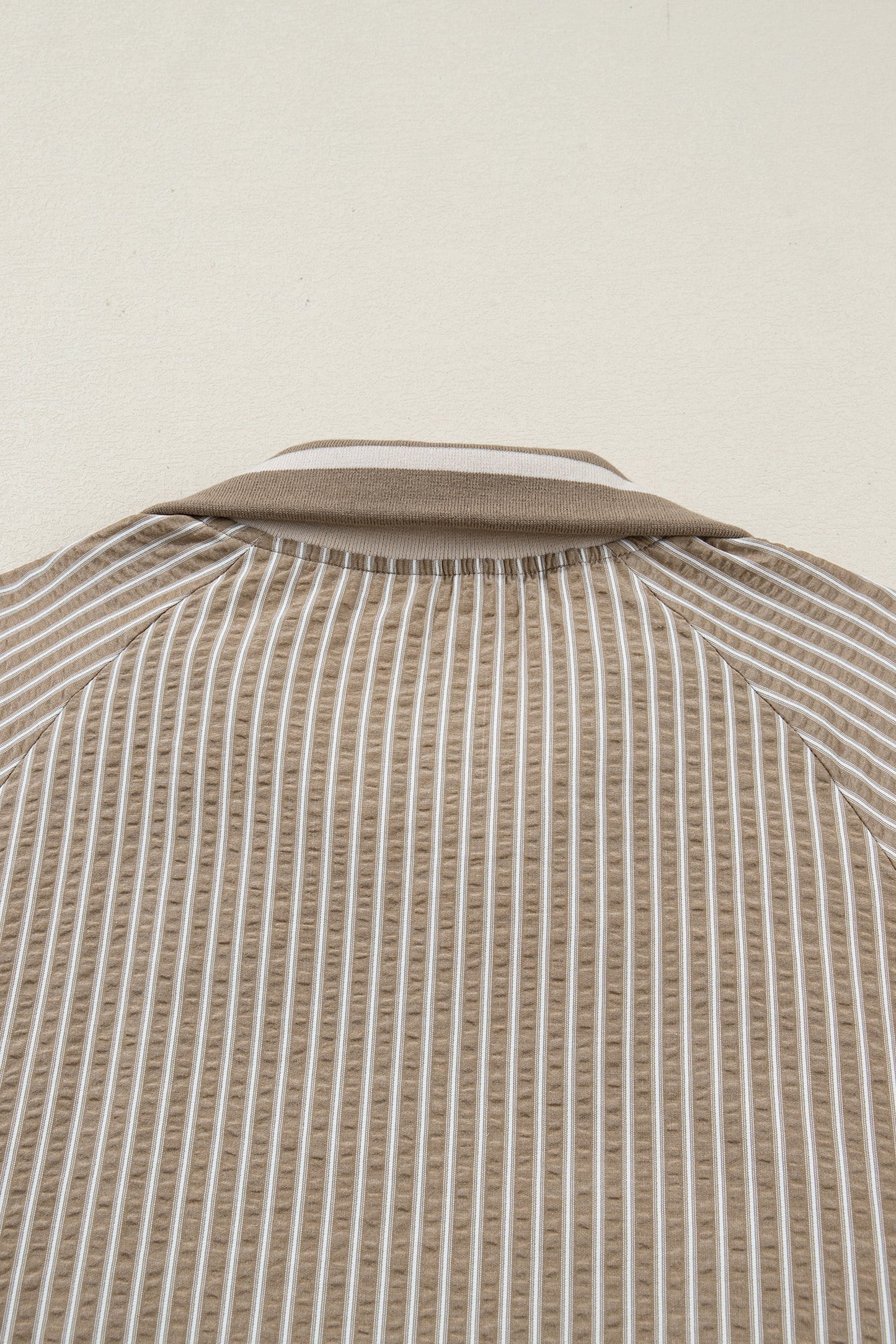 Striped mini dress back yoke with stand collar and gathered ruffle detail at neckline