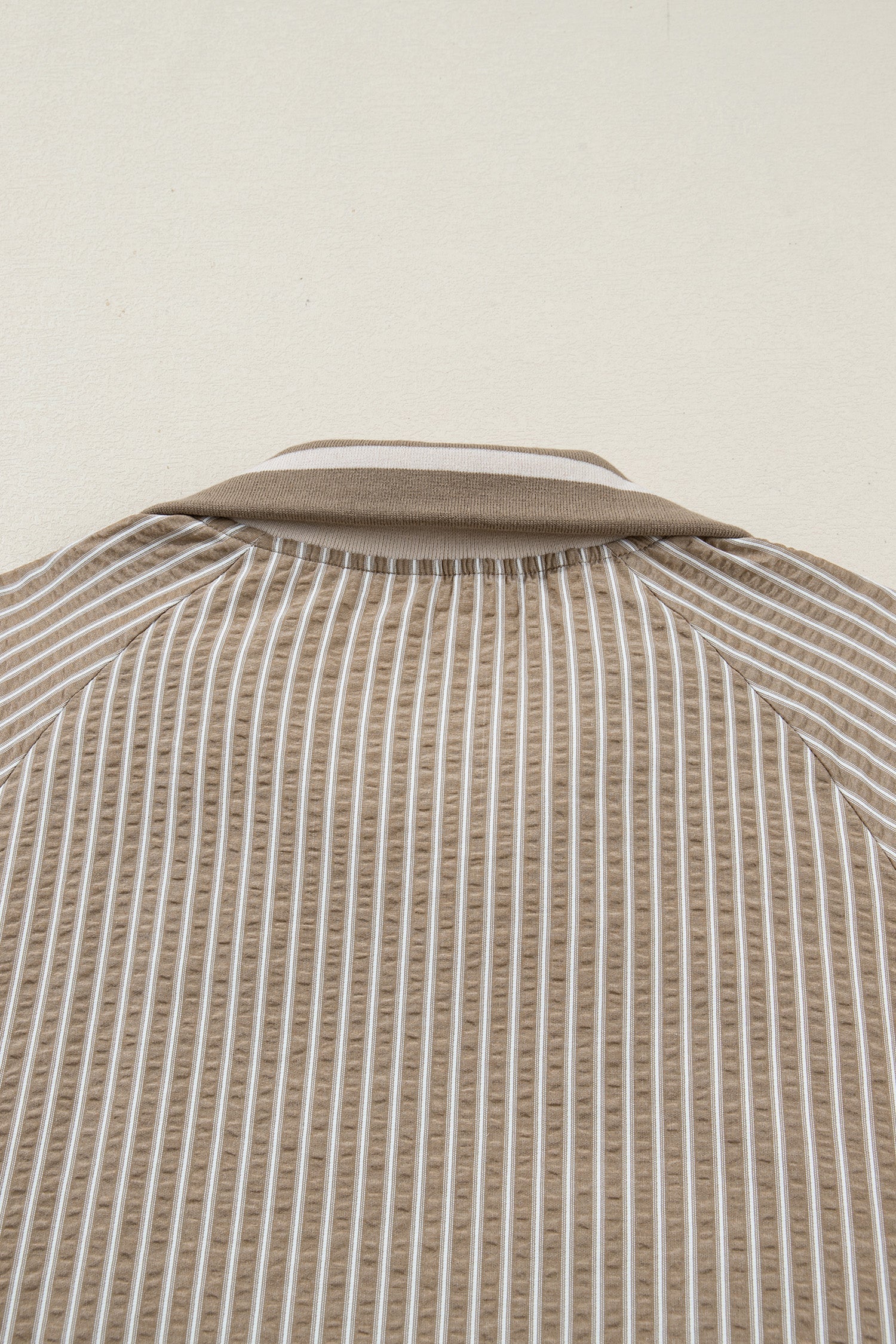 Striped mini dress back yoke with stand collar and gathered ruffle detail at neckline
