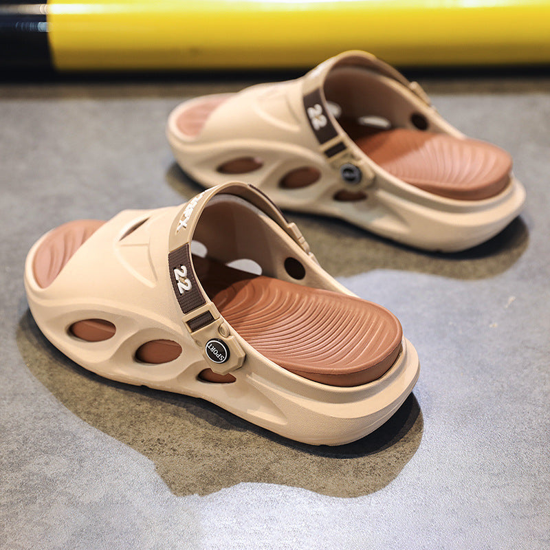 Beige slide sandals with tan footbed and dark adjustable strap, open toe design