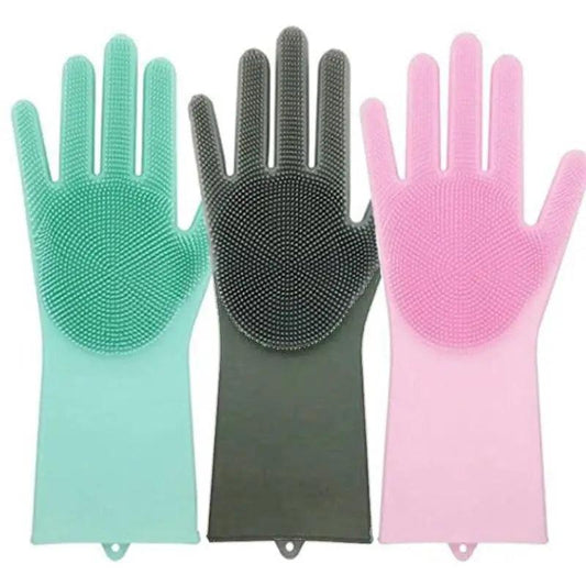 Set of reusable cleaning sponge gloves: mint, dark gray, and light pink with scrub bristles