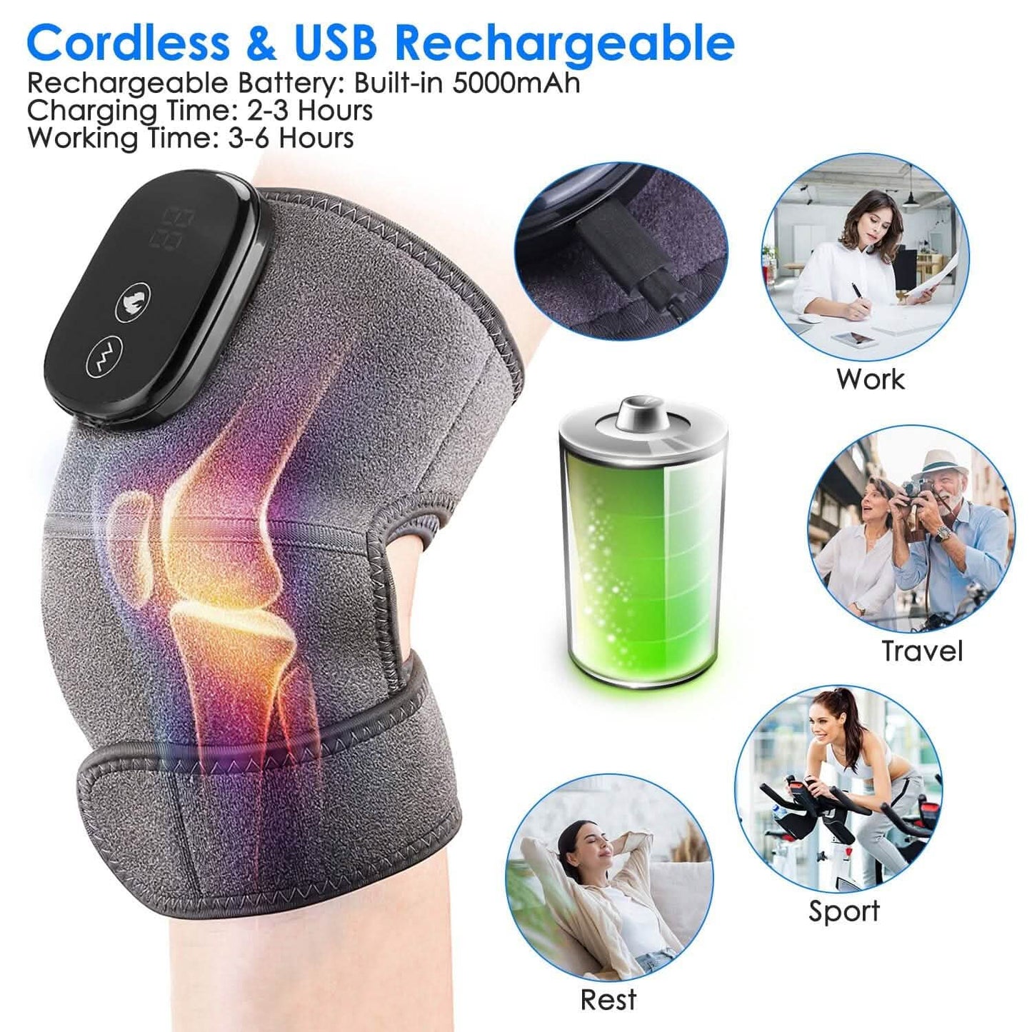 Gray heated massager wrap with wireless USB rechargeable controller and charging port shown