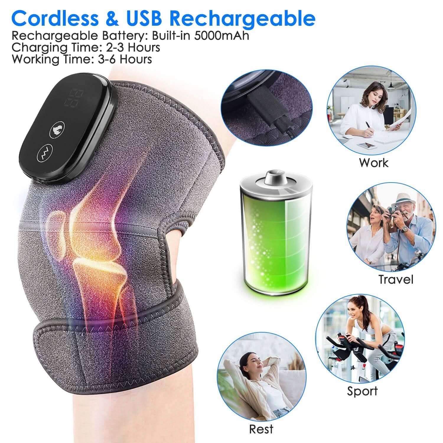 Gray heated massager wrap with wireless USB rechargeable controller and charging port shown