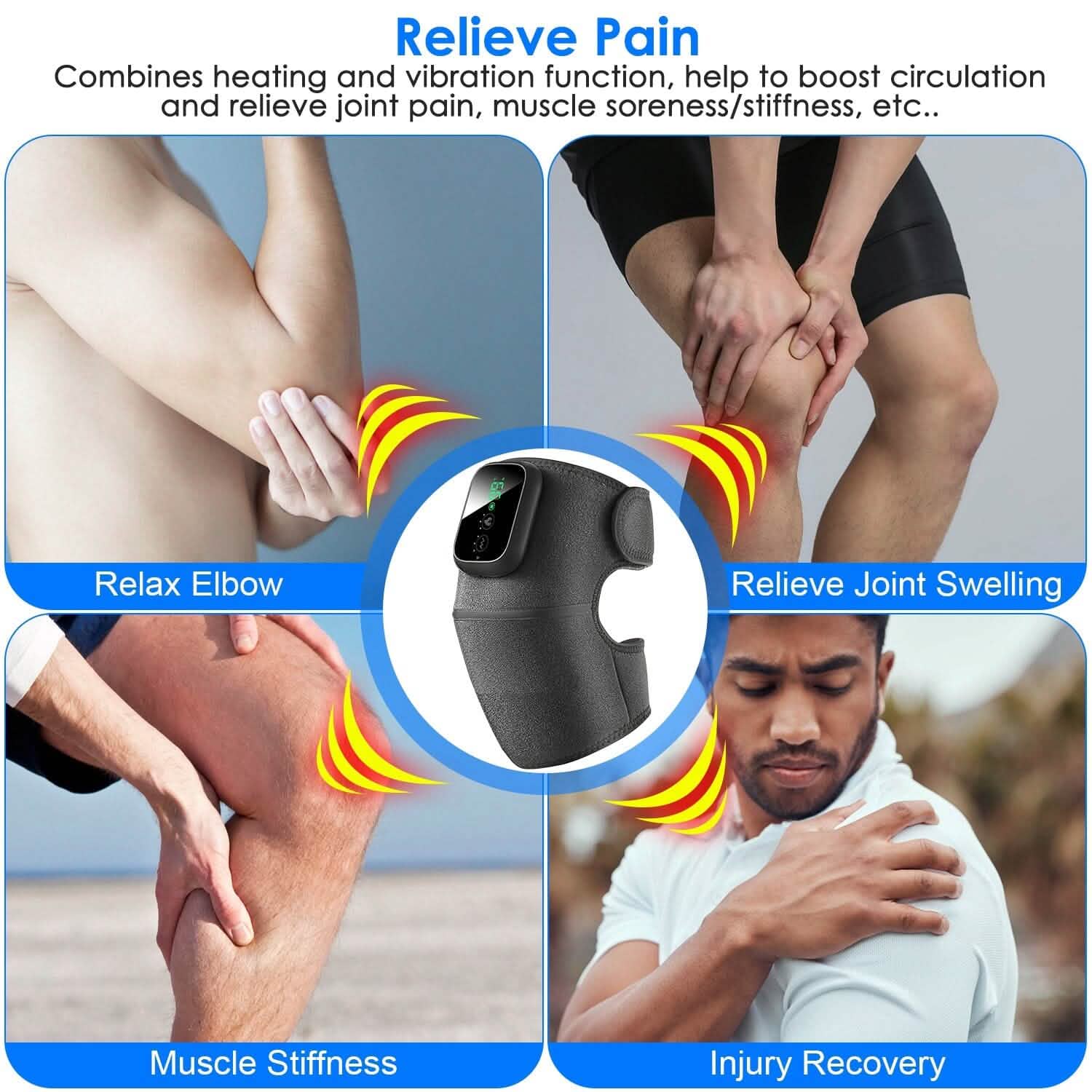 Gray heated vibration massager wrap for joint and muscle relief, controller on top