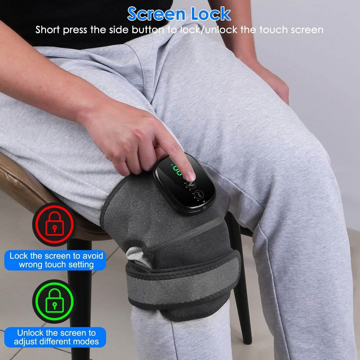 Gray heated massager wrap with screen lock function on side controller for mode safety
