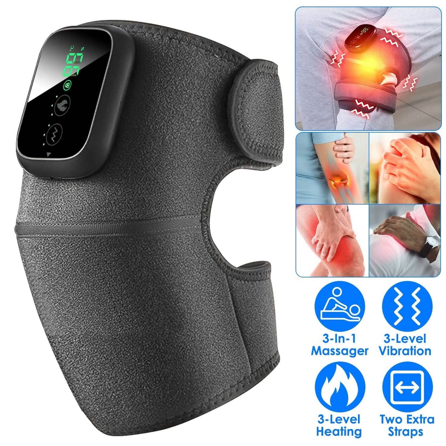 Gray 3-in-1 heated vibration massager wrap with control display and side straps