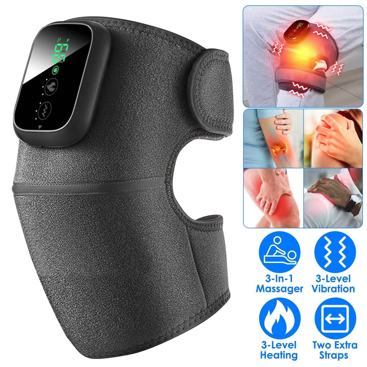 Gray 3-in-1 heated vibration massager wrap with control display and side straps